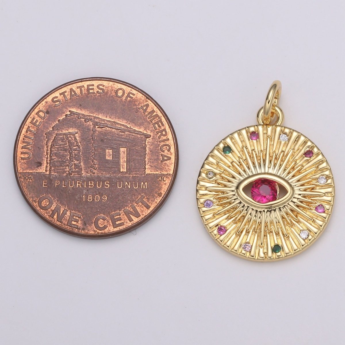 24K Gold Filled Red Crystal Sunrise Coin Charm E-198
