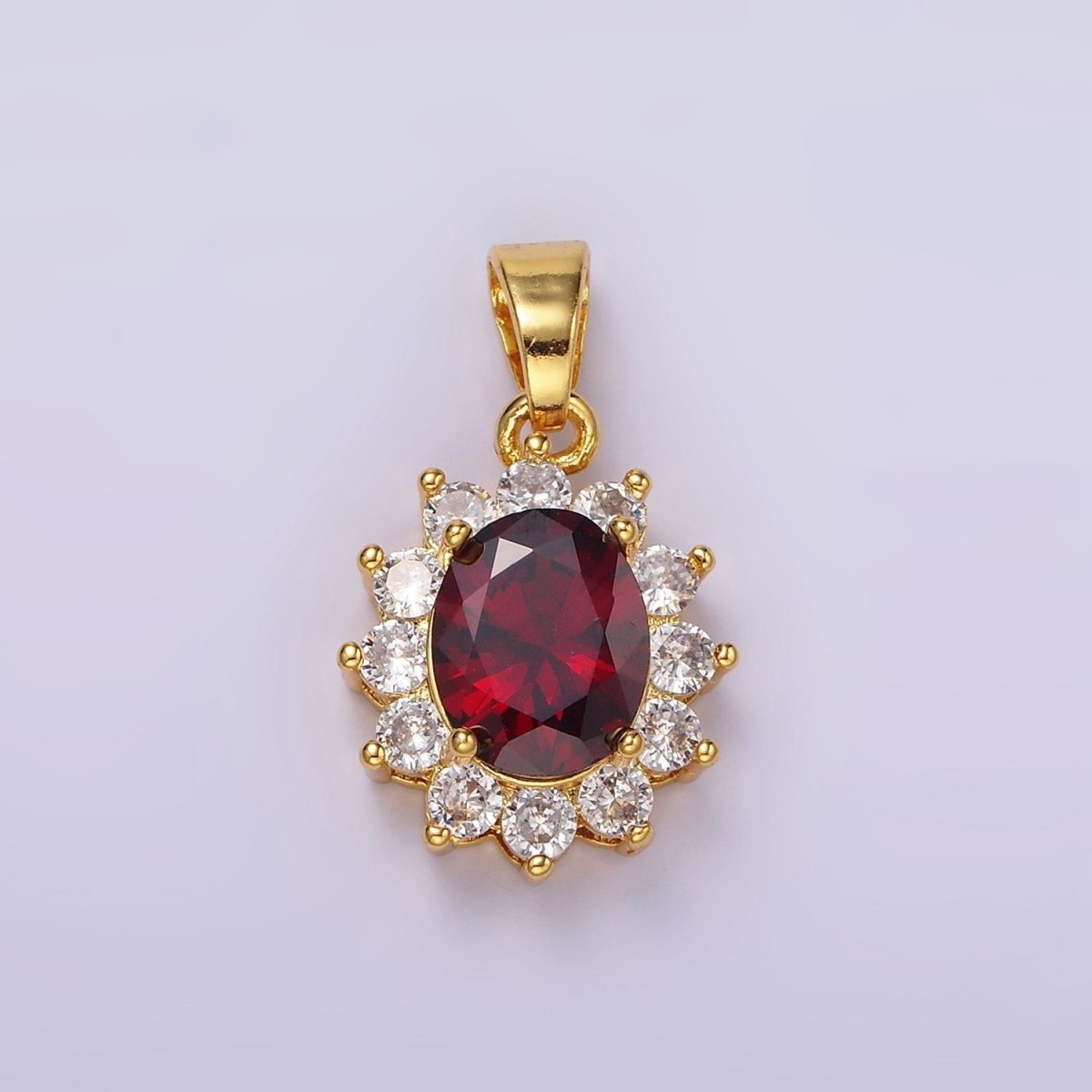24K Gold Filled Red CZ Flower Celestial Sun Oval Pendant | N1315