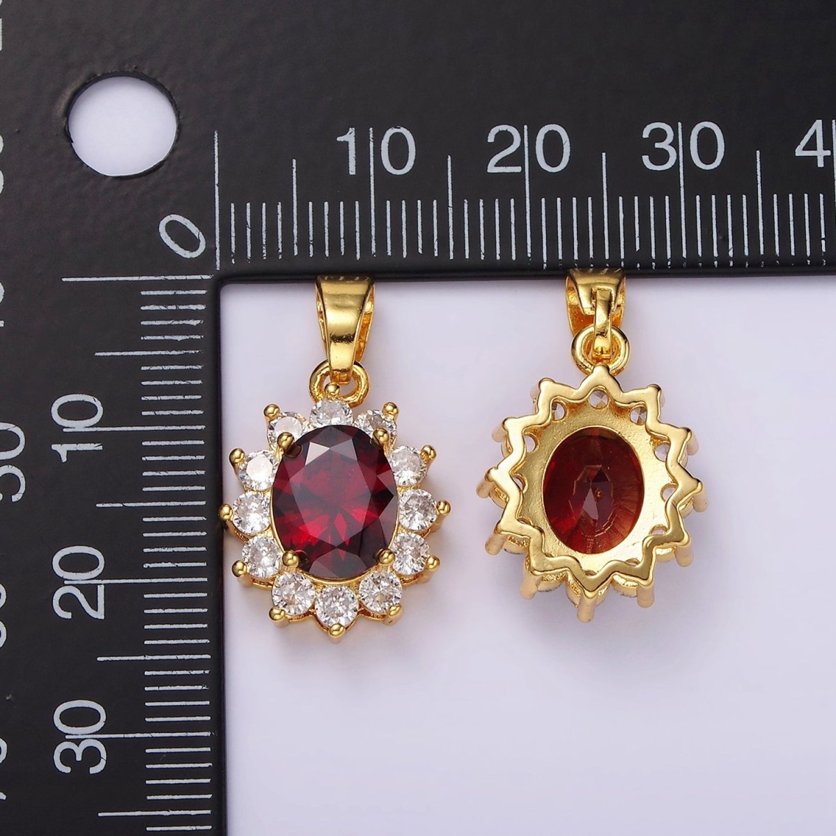 24K Gold Filled Red CZ Flower Celestial Sun Oval Pendant | N1315