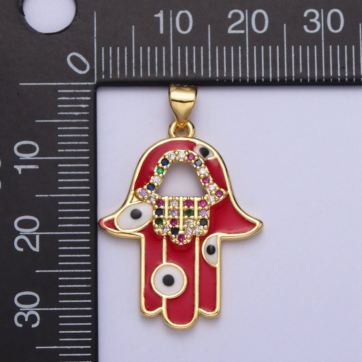 24K Gold Filled Red Hamsa Hand Evil Eye Multicolor Micro Paved CZ Pendant H-303