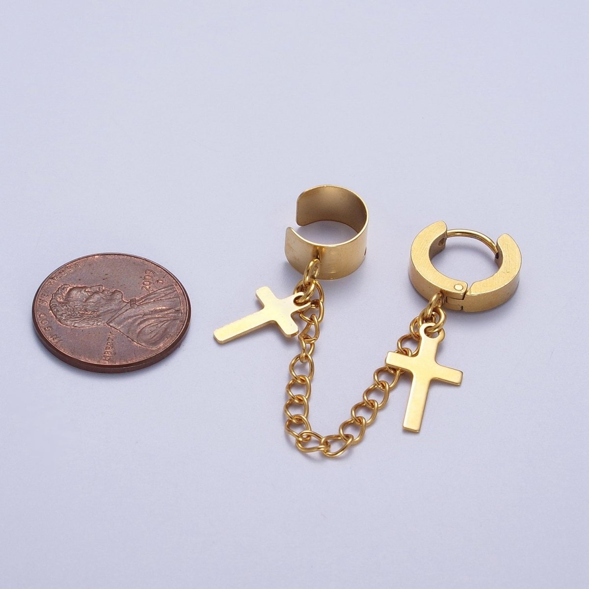 24K Gold Filled Religious Cross Chain Linked Huggie & Ear Cuff | AD-175