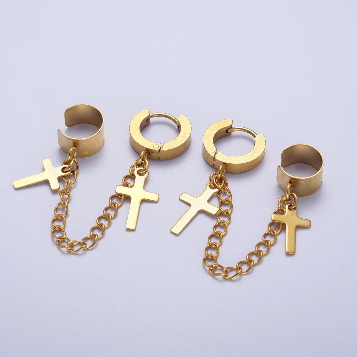 24K Gold Filled Religious Cross Chain Linked Huggie & Ear Cuff | AD-175