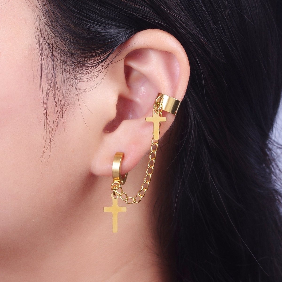 24K Gold Filled Religious Cross Chain Linked Huggie & Ear Cuff | AD-175