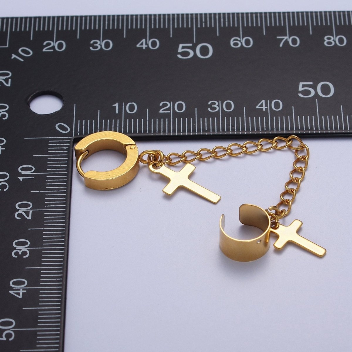 24K Gold Filled Religious Cross Chain Linked Huggie & Ear Cuff | AD-175