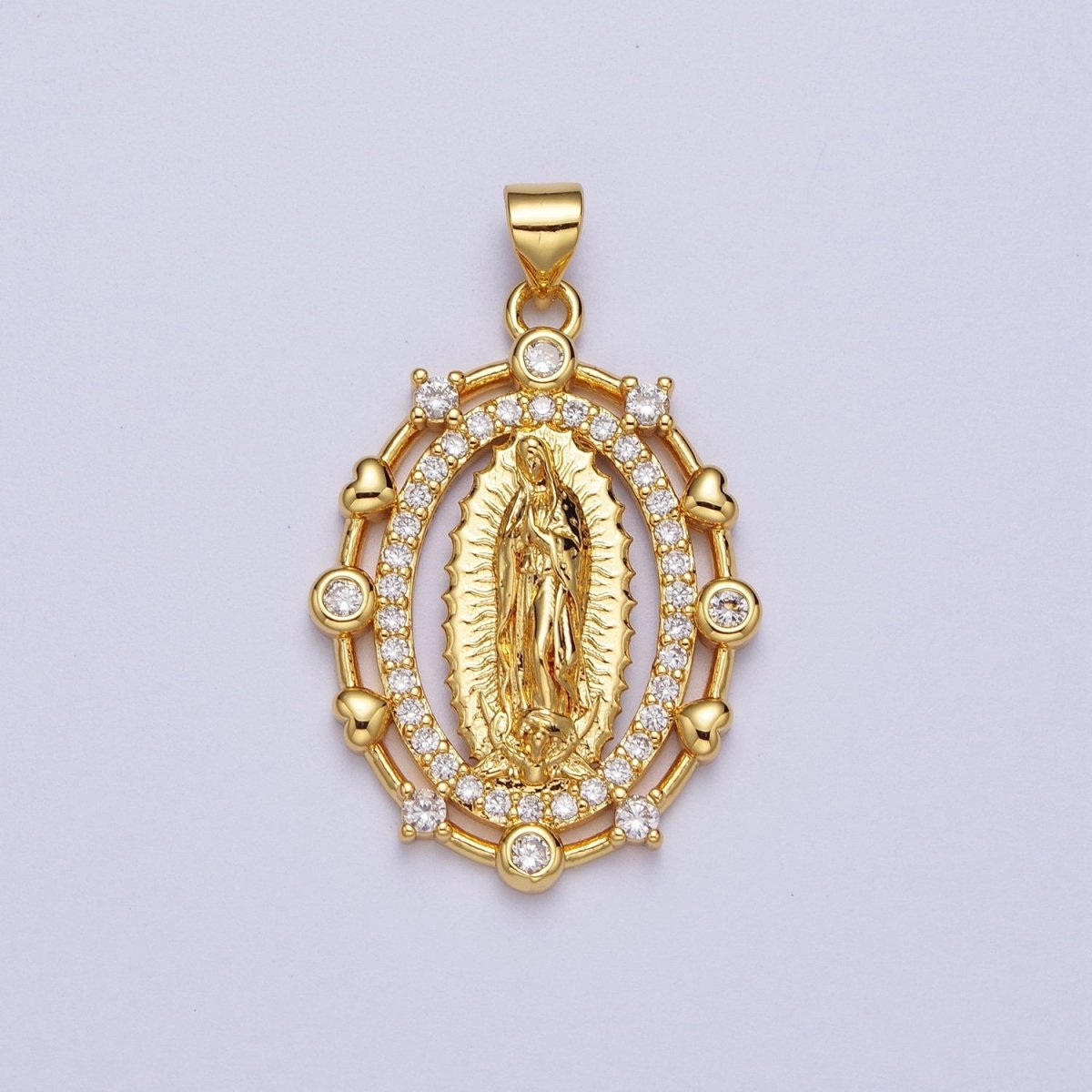 24K Gold Filled Religious Oval Micro Paved Mother Virgin Mary Heart Round Cubic Zirconia CZ Pendant For Jewelry Making H-013