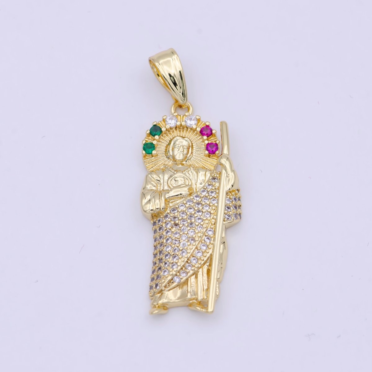 24K Gold Filled Religious Saint St. Jude Multicolor Clear Micro Paved CZ Pendant N-622