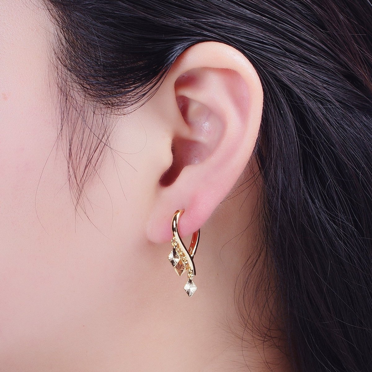 24K Gold Filled Rhombus Starburst Charm Dangle on Teardrop Huggie Hoop Earrings T-182
