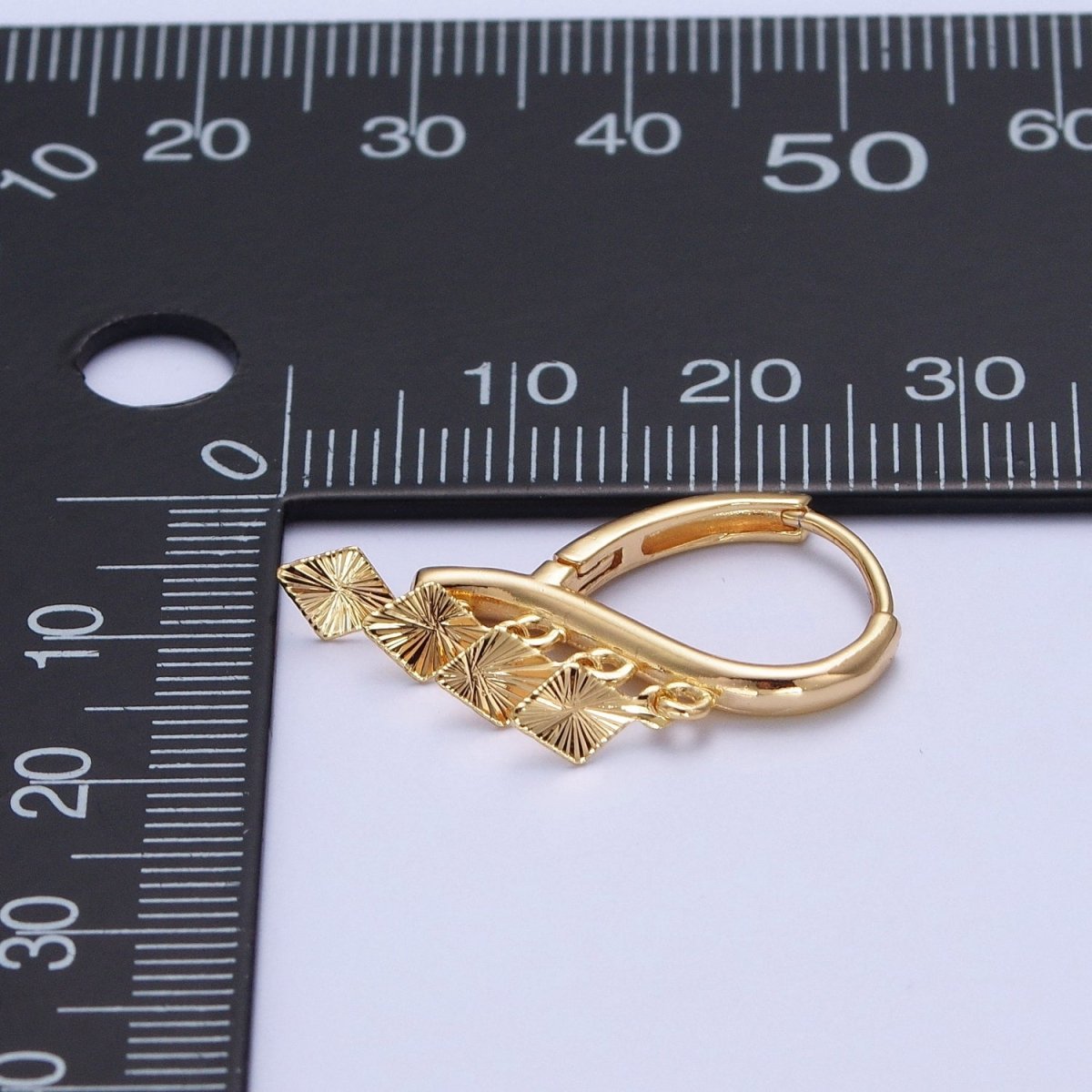 24K Gold Filled Rhombus Starburst Charm Dangle on Teardrop Huggie Hoop Earrings T-182