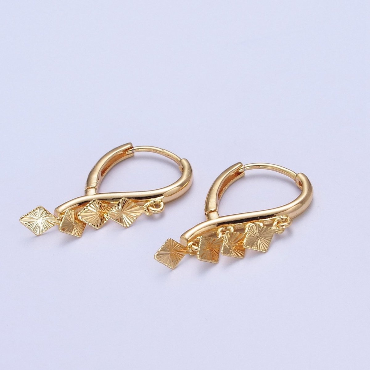 24K Gold Filled Rhombus Starburst Charm Dangle on Teardrop Huggie Hoop Earrings T-182