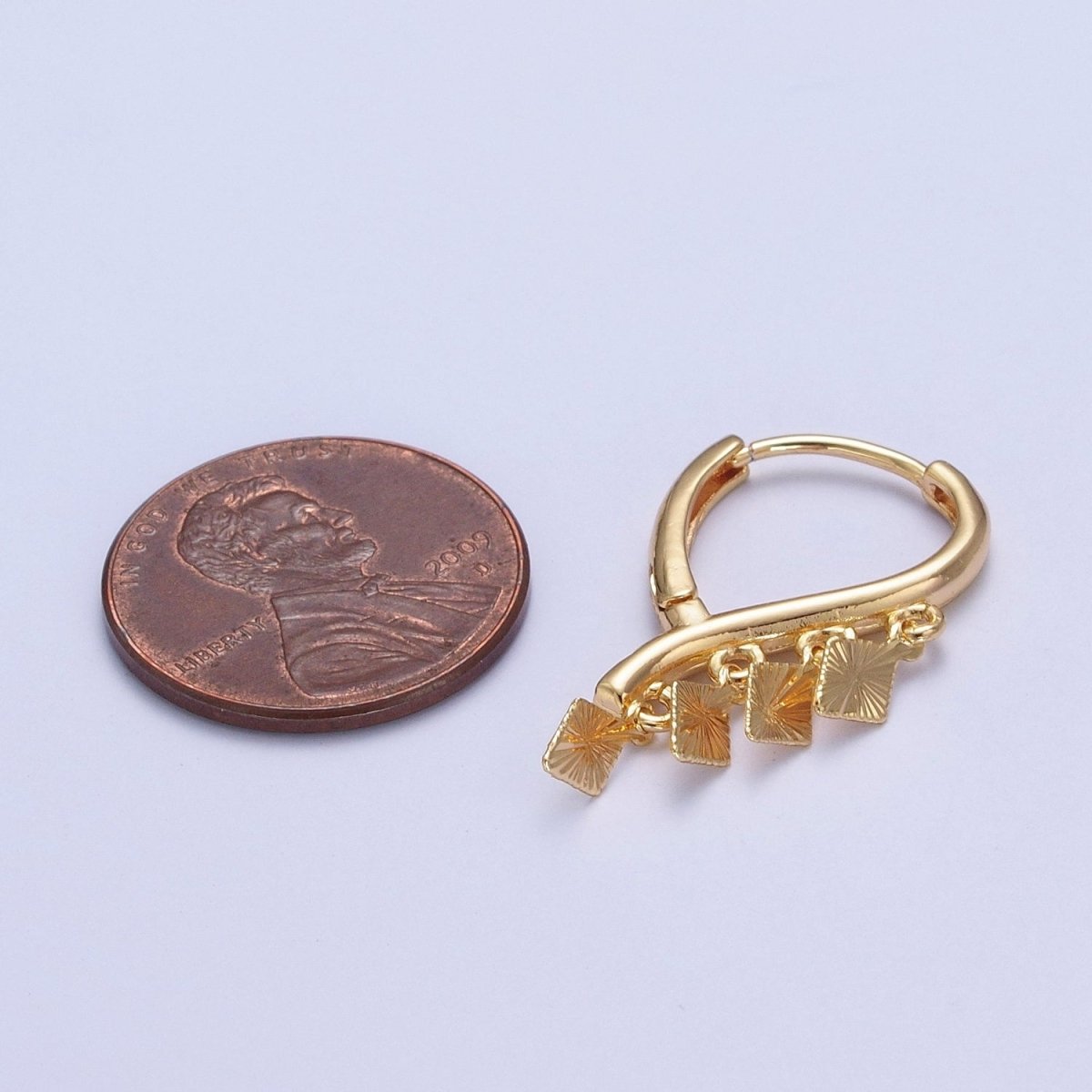 24K Gold Filled Rhombus Starburst Charm Dangle on Teardrop Huggie Hoop Earrings T-182
