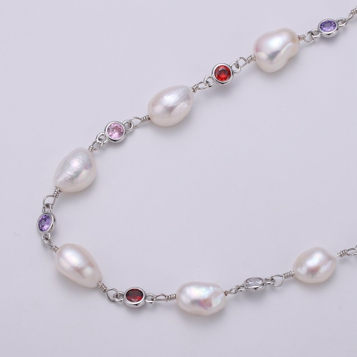 24K Gold Filled Rosary Chain with Baroque Fresh Water Pearl Charm Chain Sold By Yard with Multi Color CZ Bezel Cut For Necklace Component Supply | ROLL-448 ROLL-456 ROLL-457 Clearance Pricing