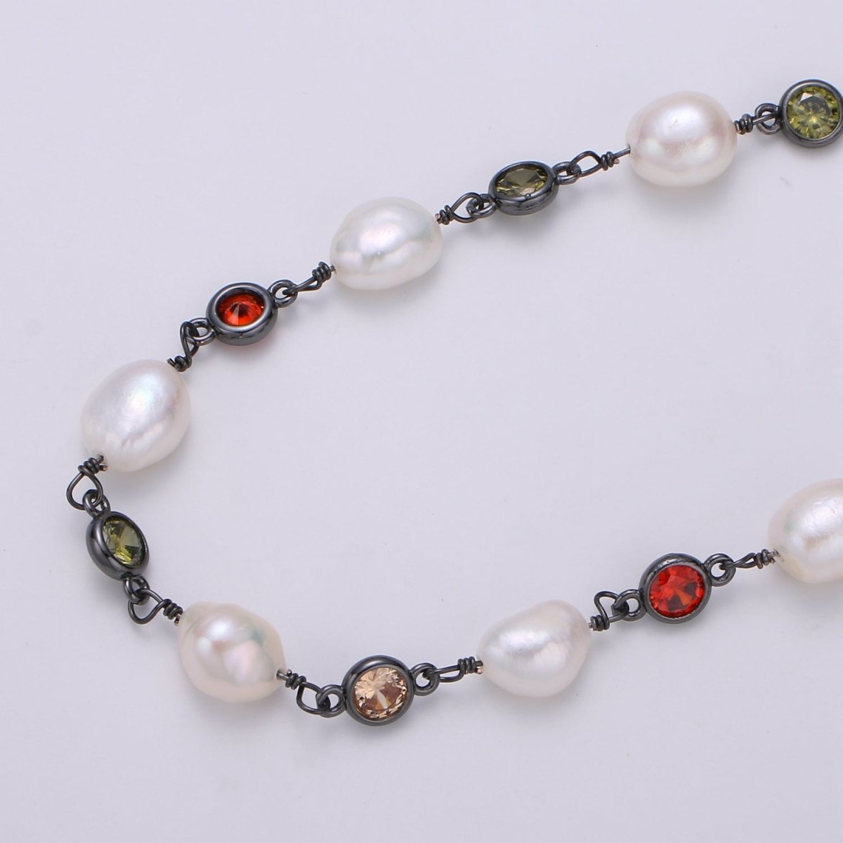 24K Gold Filled Rosary Chain with Baroque Fresh Water Pearl Charm Chain Sold By Yard with Multi Color CZ Bezel Cut For Necklace Component Supply | ROLL-448 ROLL-456 ROLL-457 Clearance Pricing