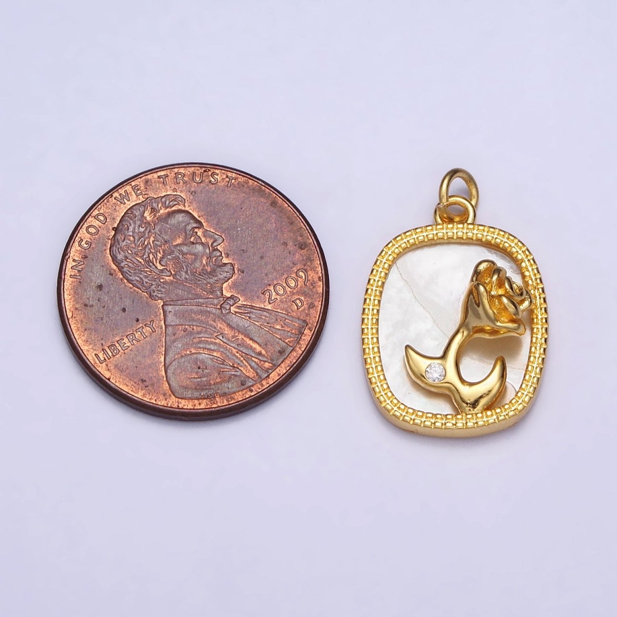 24K Gold Filled Rose Flower CZ Shell Pearl Square Charm | AC1053