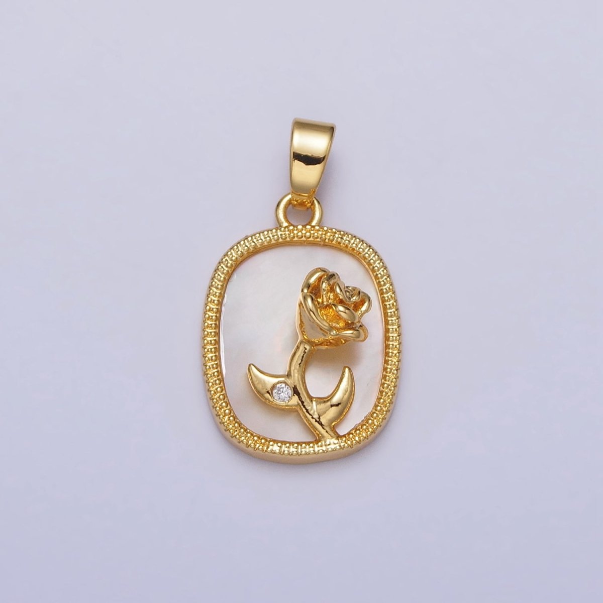 24K Gold Filled Rose Flower CZ Shell Pearl Square Pendant | AA110