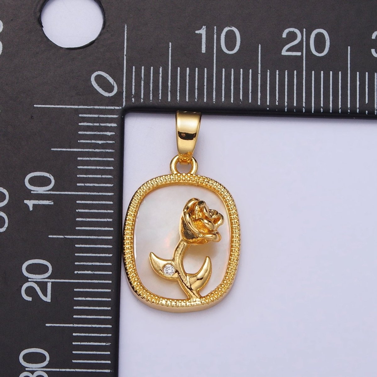24K Gold Filled Rose Flower CZ Shell Pearl Square Pendant | AA110