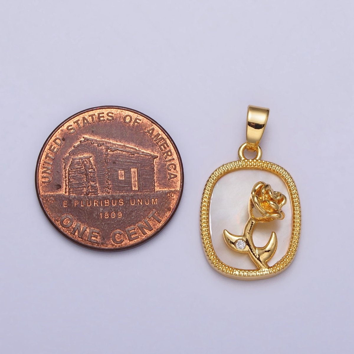 24K Gold Filled Rose Flower CZ Shell Pearl Square Pendant | AA110