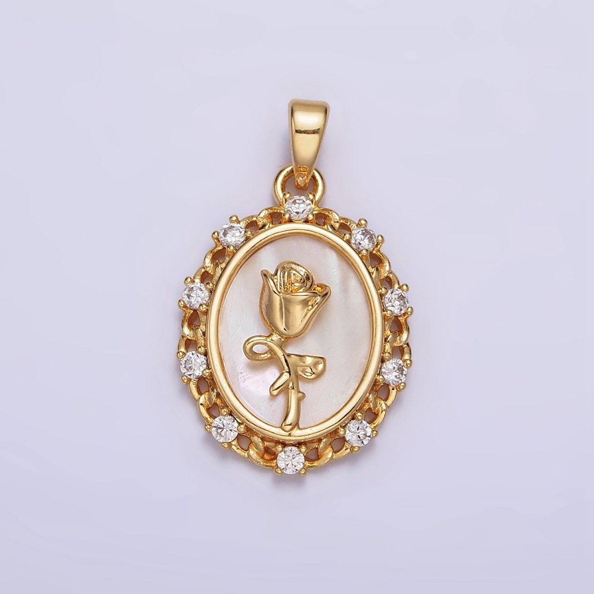 24K Gold Filled Rose Flower Shell Pearl Curb Link CZ Lined Oval Pendant | AA583