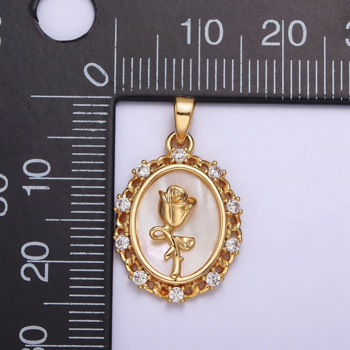 24K Gold Filled Rose Flower Shell Pearl Curb Link CZ Lined Oval Pendant | AA583