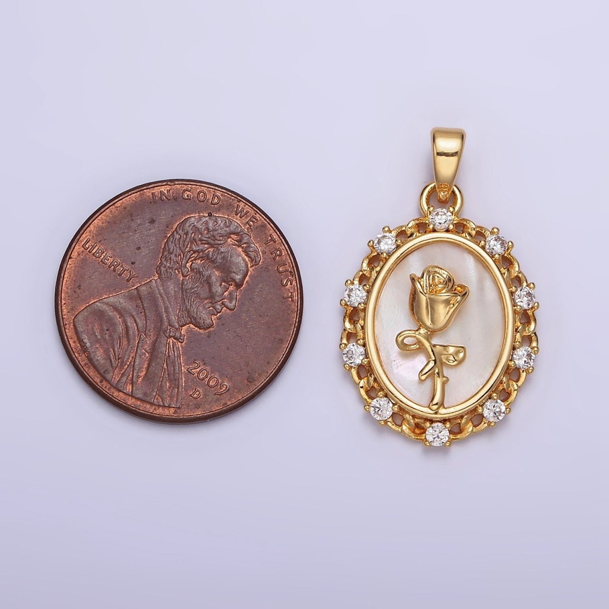 24K Gold Filled Rose Flower Shell Pearl Curb Link CZ Lined Oval Pendant | AA583