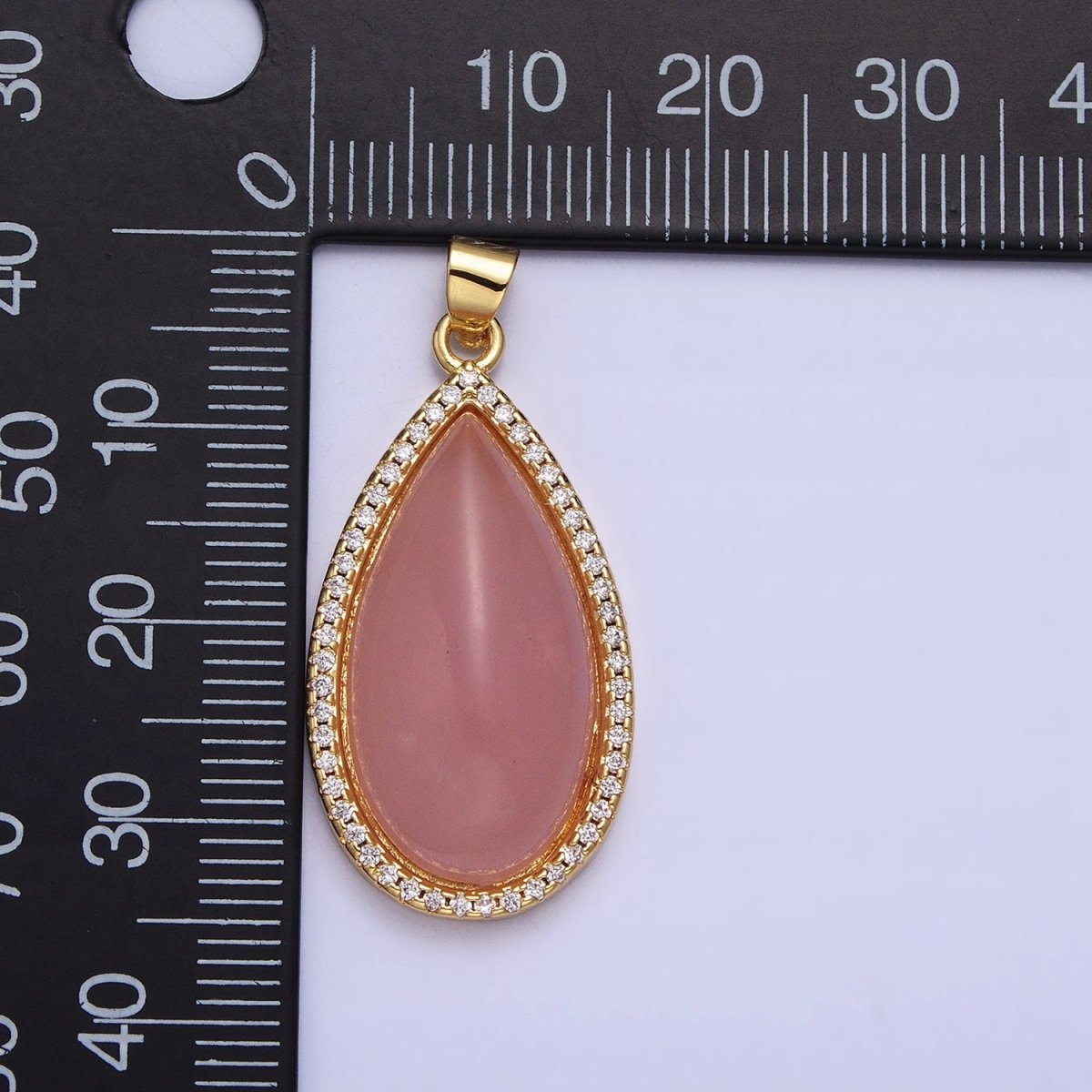 24K Gold Filled Rose Quartz Natural Gemstone Cabochon Micro Paved CZ 35mmx16.3mm Teardrop Pendant | AA339