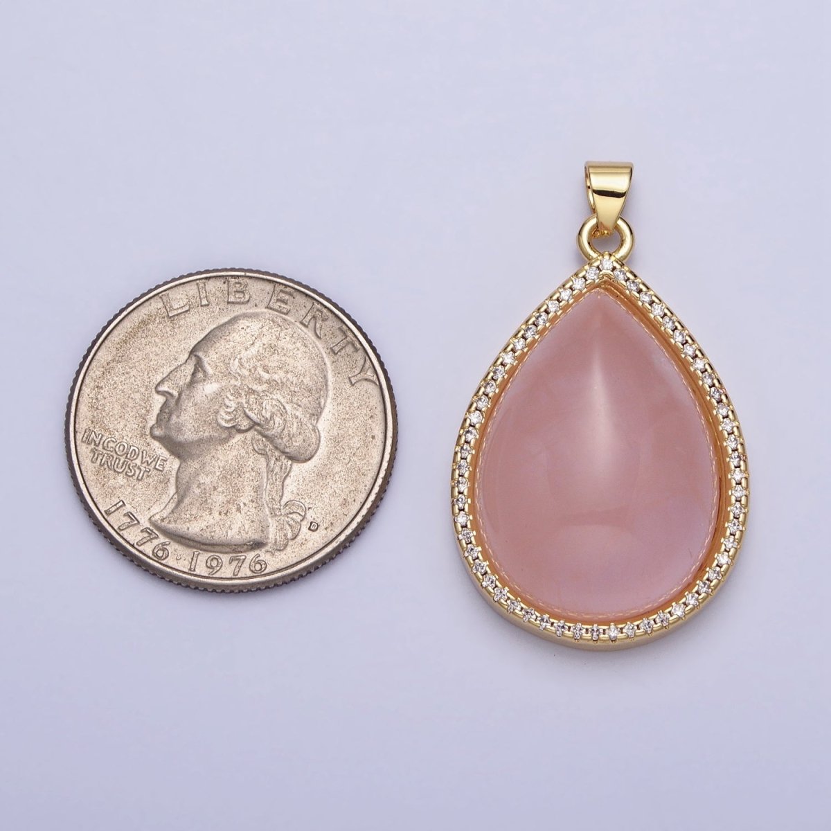 24K Gold Filled Rose Quartz Natural Gemstone Cabochon Micro Paved CZ 35mmx21.5mm Teardrop Pendant | AA295