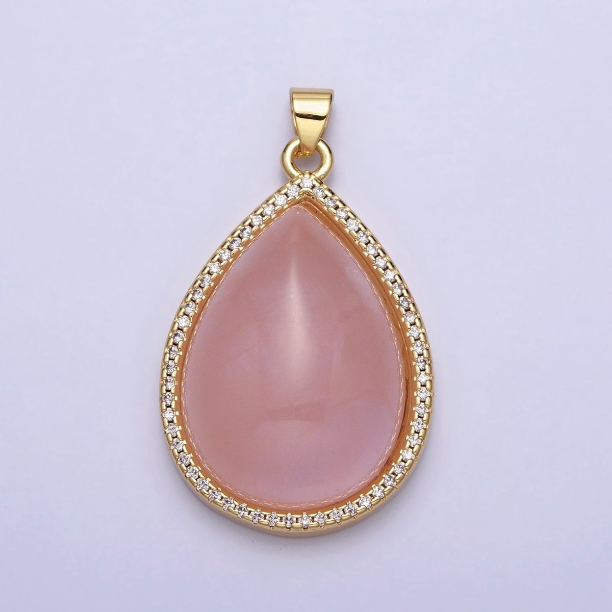 24K Gold Filled Rose Quartz Natural Gemstone Cabochon Micro Paved CZ 35mmx21.5mm Teardrop Pendant | AA295