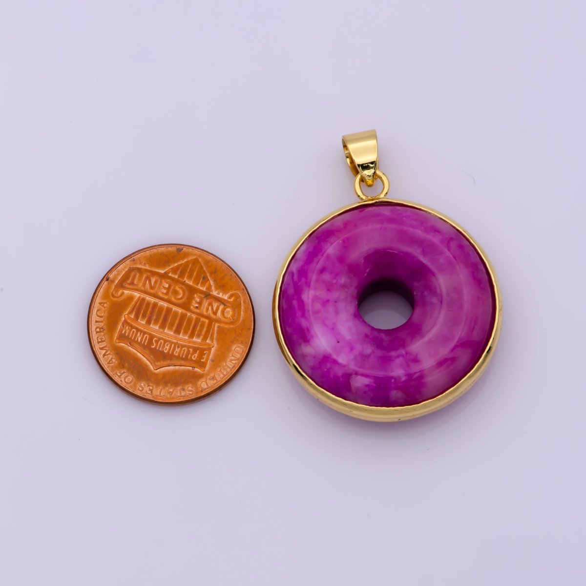 24k Gold Filled Round Jade Stone charm, Purple Donut Stone Pendant, Jade Stone Pendant, Colorful Charm Birthstone Jewelry Necklace AH-344
