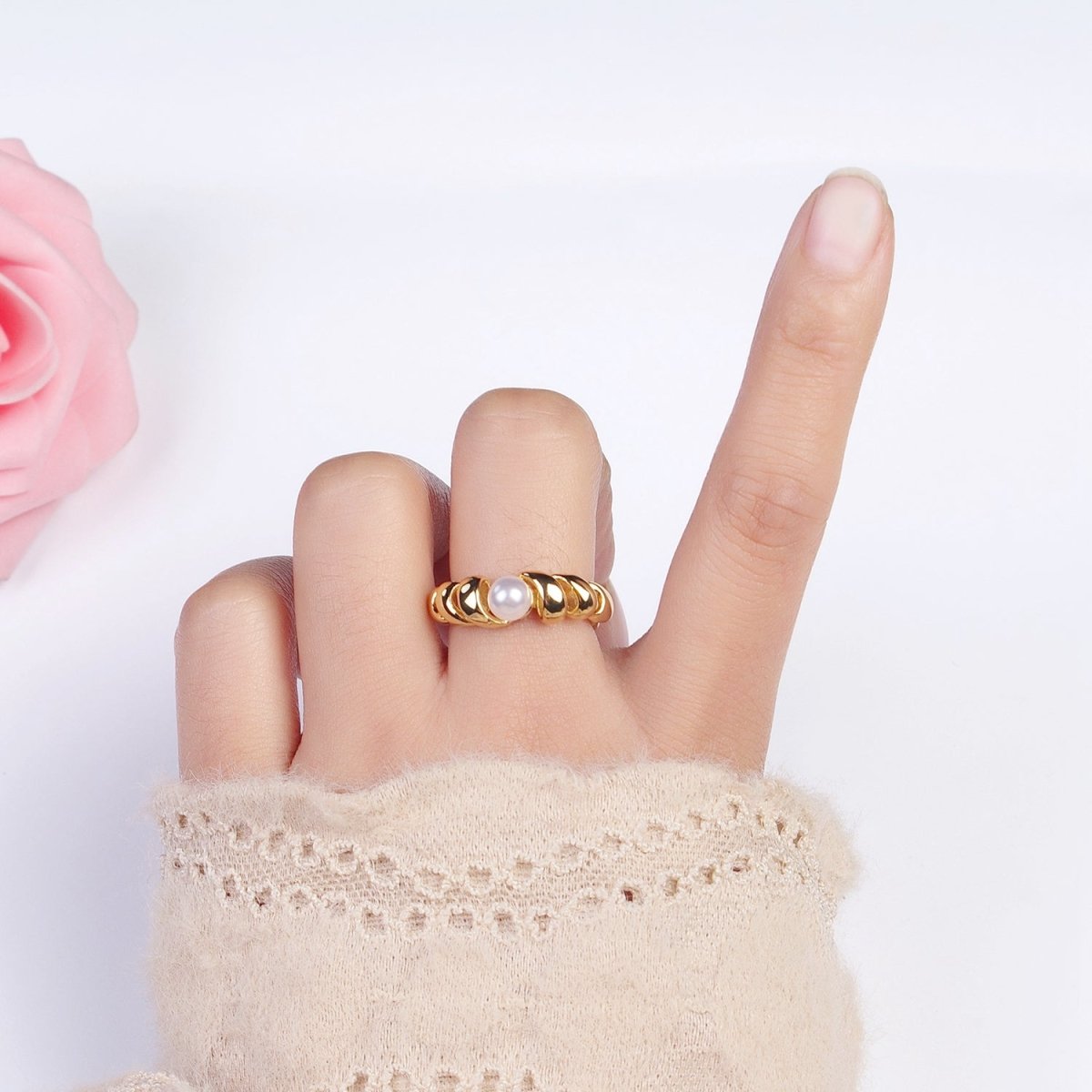 24K Gold Filled Round Pearl Twisted Coil Adjustable Ring in Gold & Silver |R-153 R-147