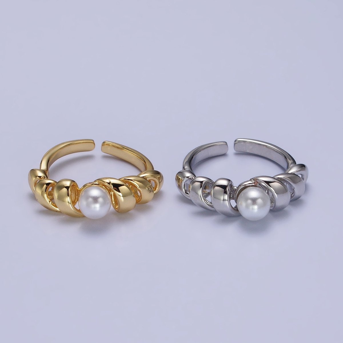24K Gold Filled Round Pearl Twisted Coil Adjustable Ring in Gold & Silver |R-153 R-147