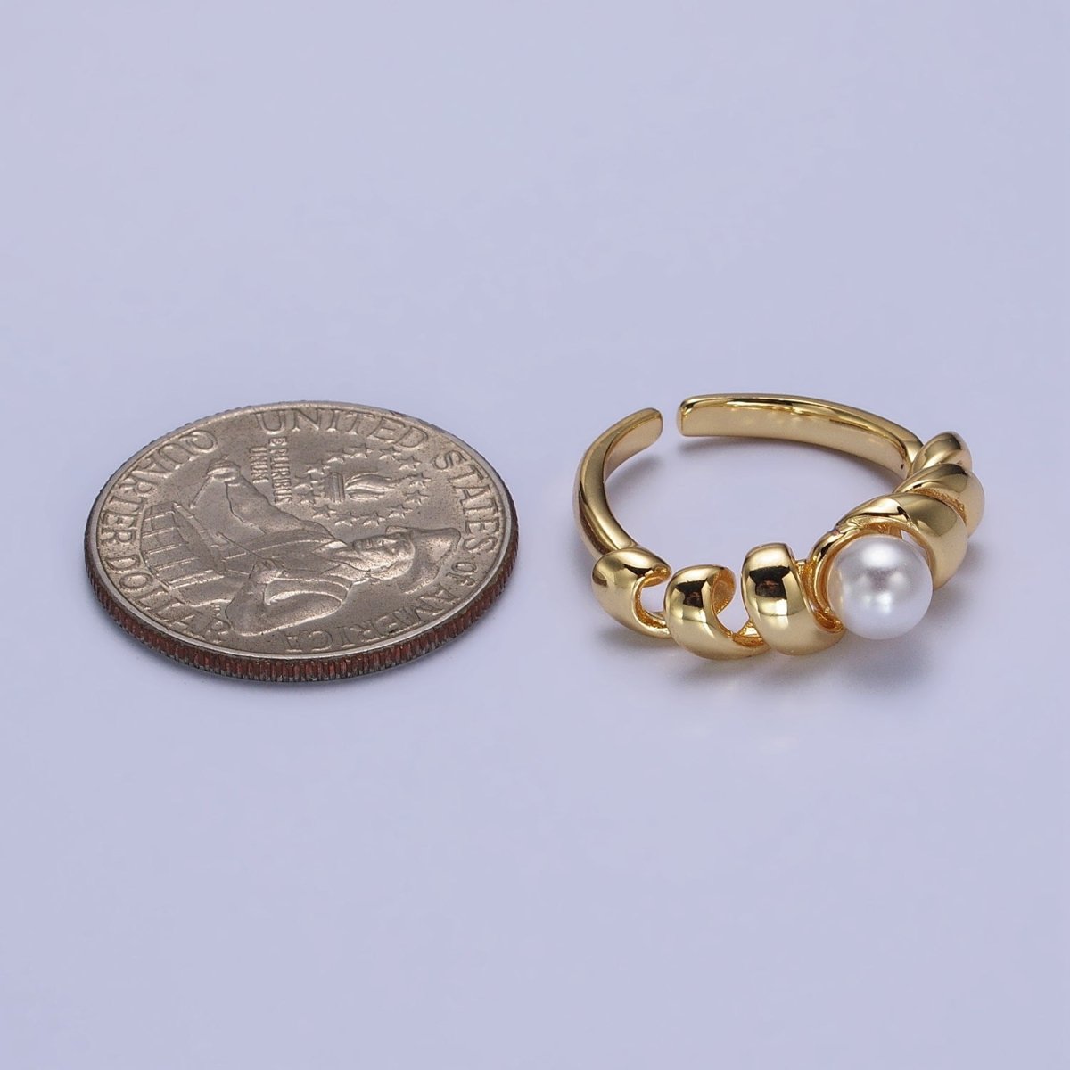 24K Gold Filled Round Pearl Twisted Coil Adjustable Ring in Gold & Silver |R-153 R-147
