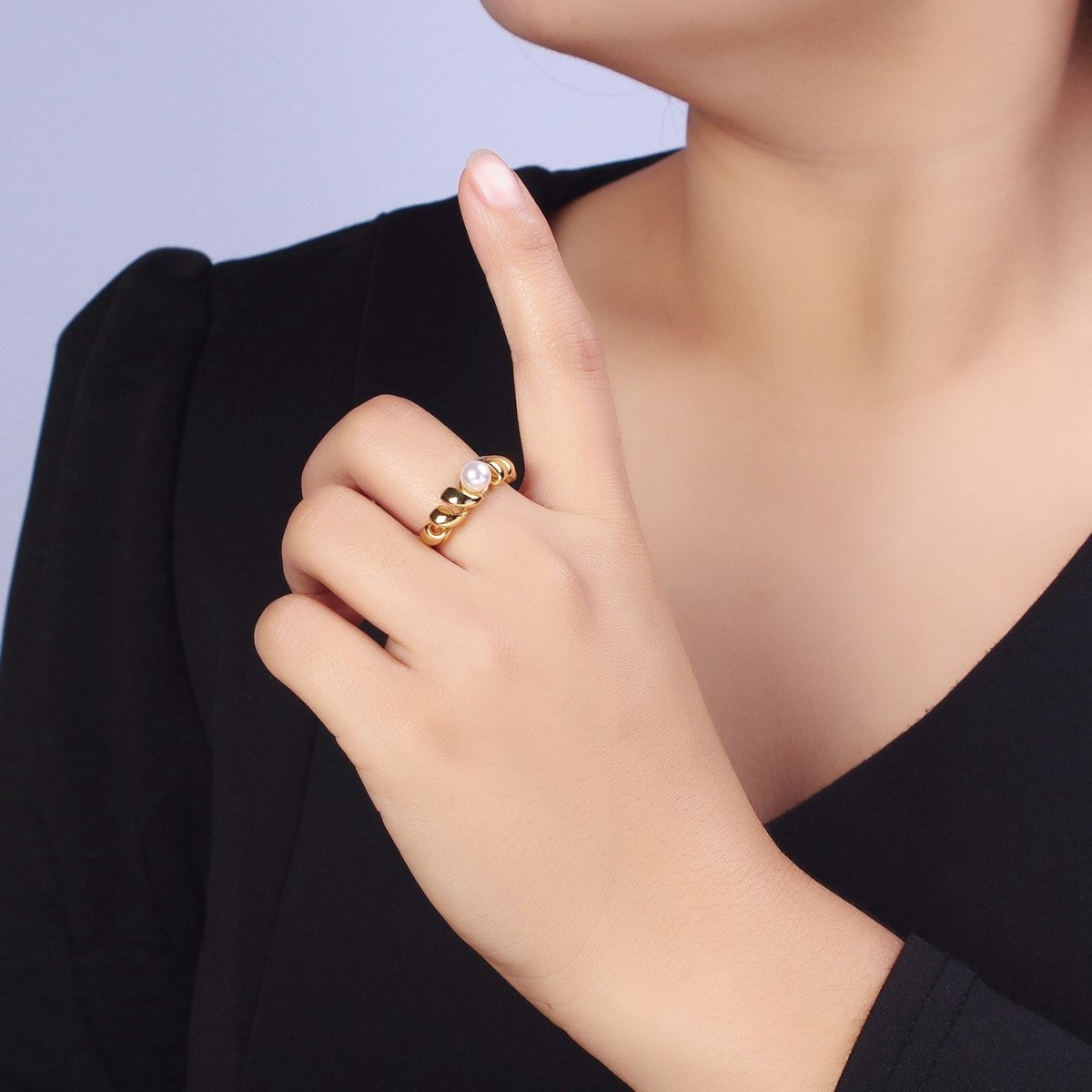 24K Gold Filled Round Pearl Twisted Coil Adjustable Ring in Gold & Silver |R-153 R-147