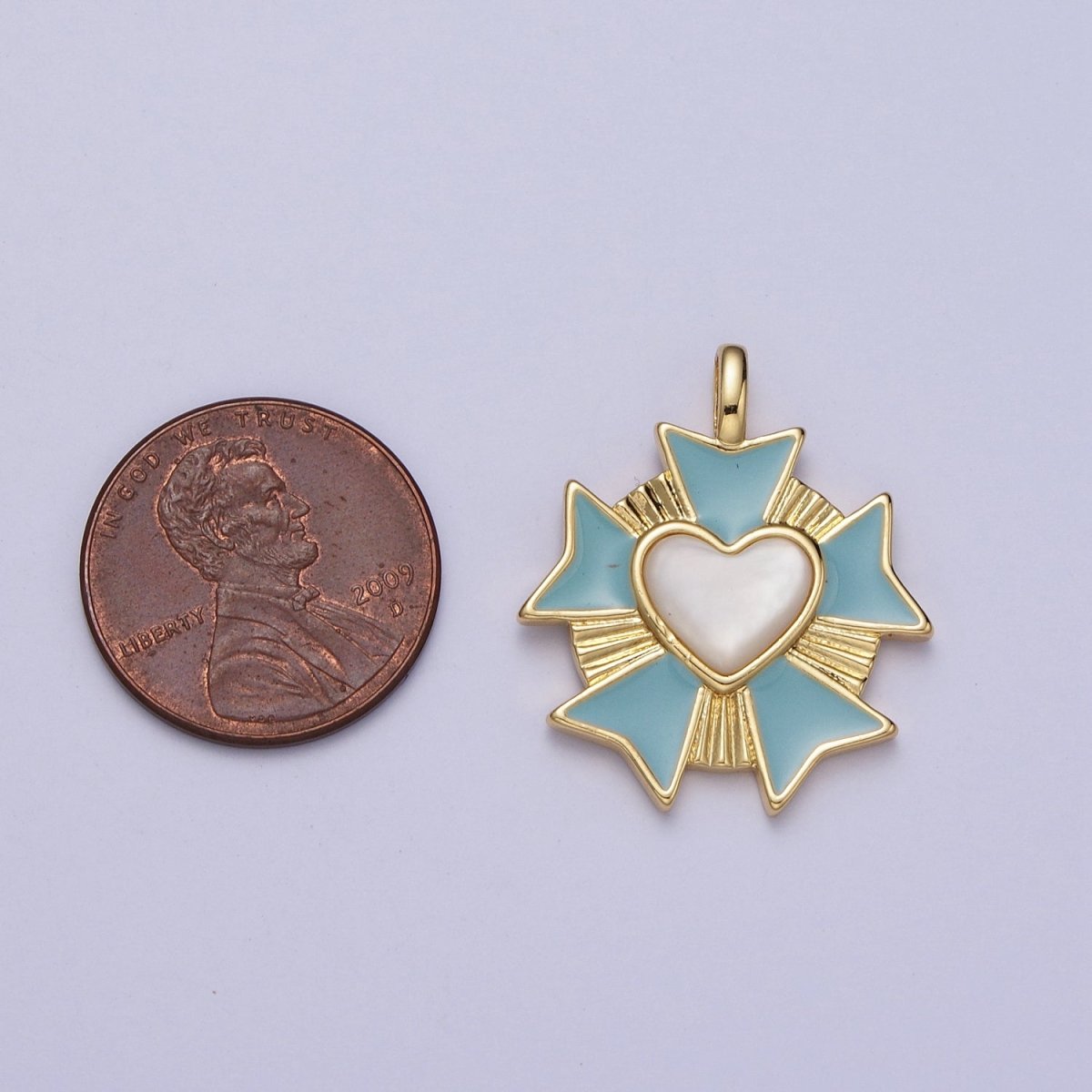 24K Gold Filled Round Sunburst Blue White Heart Enamel Pendant | AC010