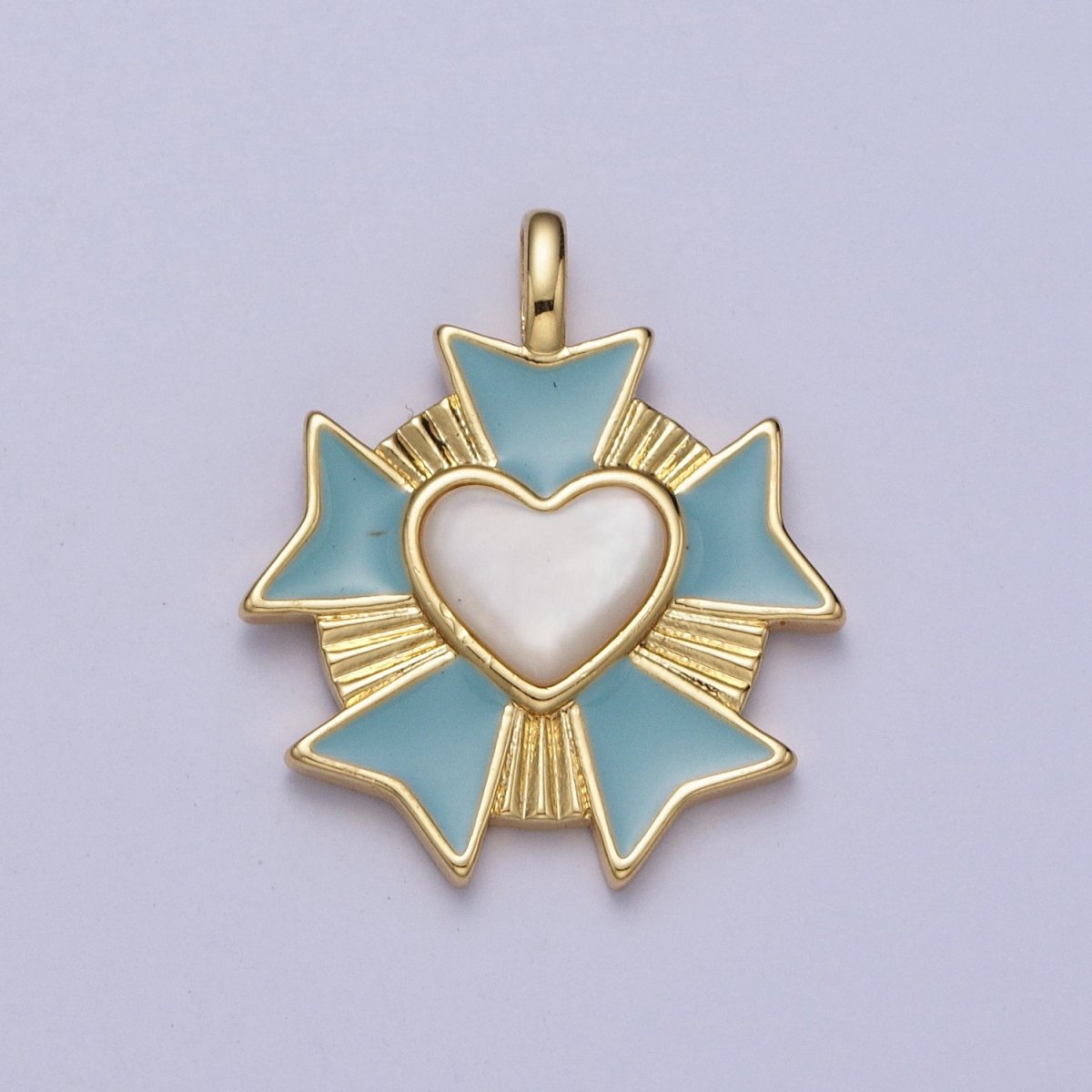 24K Gold Filled Round Sunburst Blue White Heart Enamel Pendant | AC010