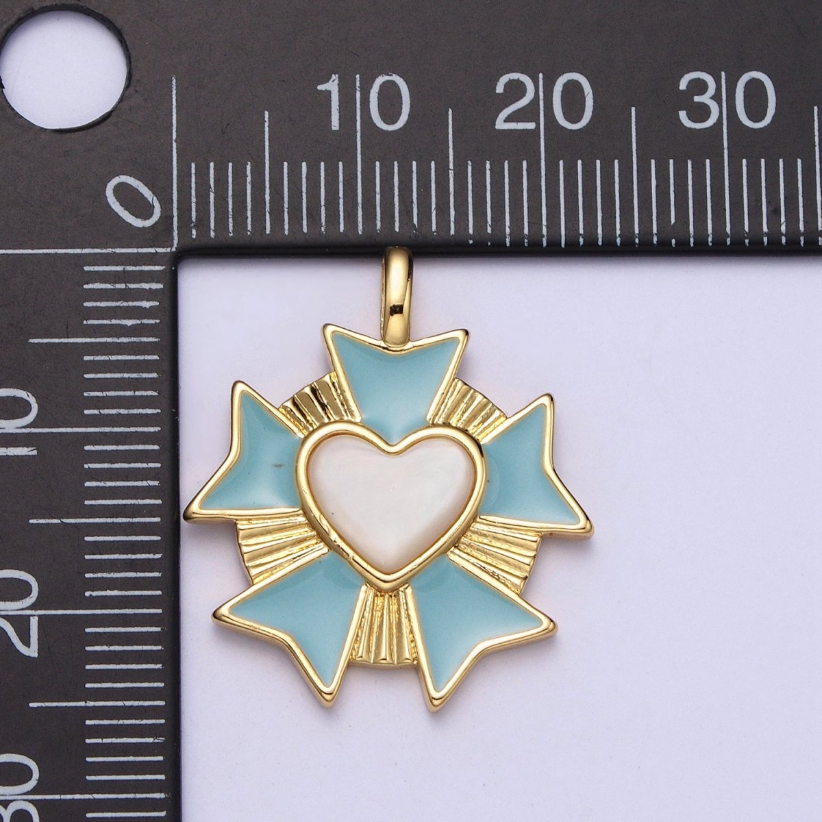 24K Gold Filled Round Sunburst Blue White Heart Enamel Pendant | AC010