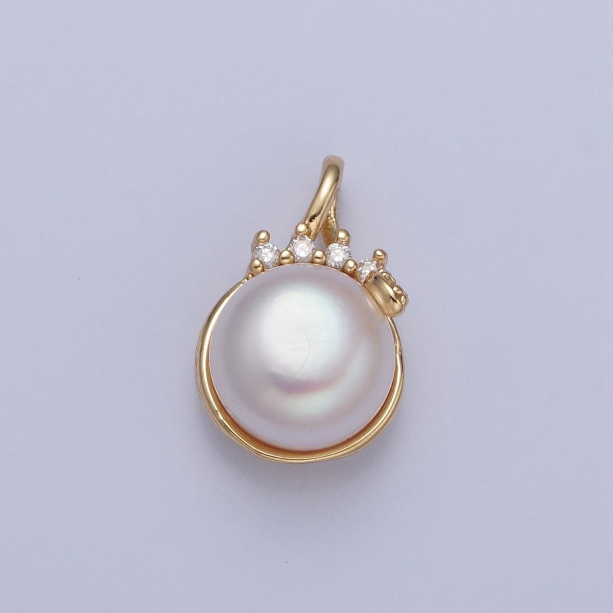 24K Gold Filled Round White Shell Pearl Crown Charm For Necklace Making H-686