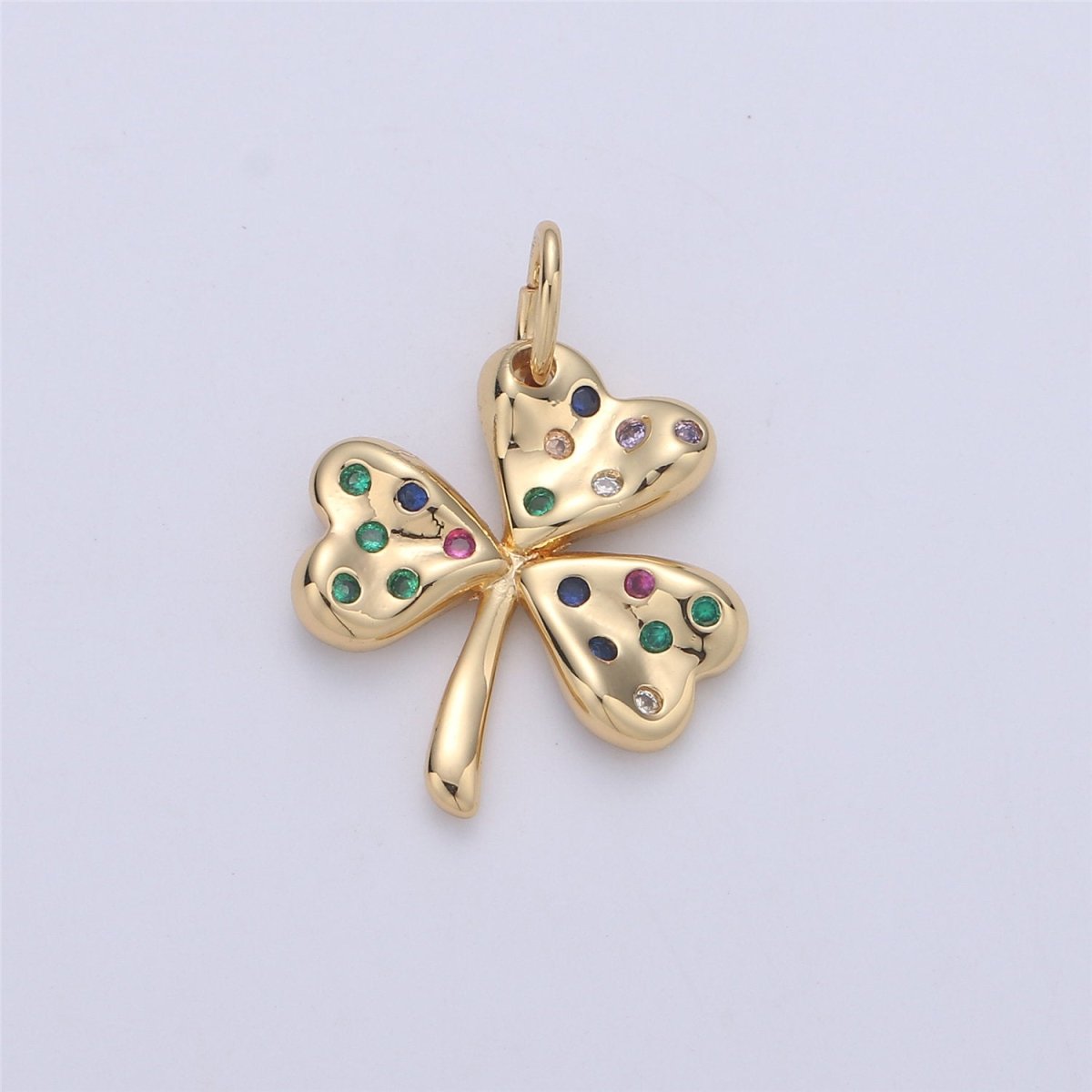 24K Gold Filled Rustic Lucky Charm Good Luck 4 Leaves Clover with Multi Color Rainbow CZ Stone for Necklace or Bracelet | M-892