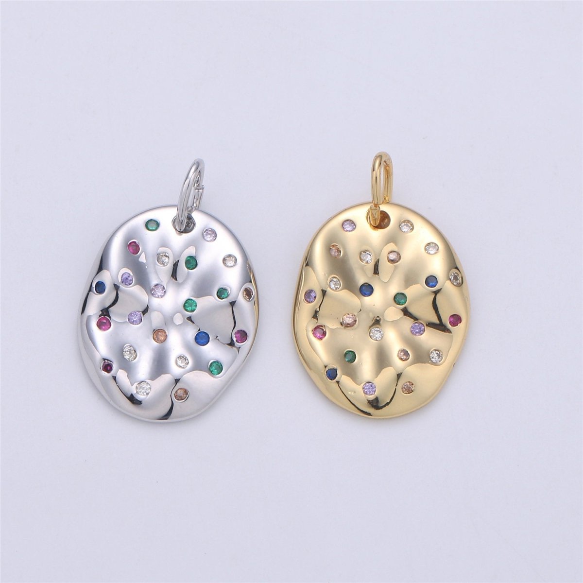 24K Gold Filled Rustic Oval Dainty Charm with Micro Pave Multi Color Rainbow Cubic Zirconia CZ Stone for Necklace or Bracelet C-903