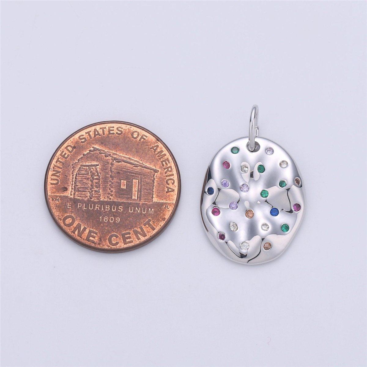 24K Gold Filled Rustic Oval Dainty Charm with Micro Pave Multi Color Rainbow Cubic Zirconia CZ Stone for Necklace or Bracelet C-903