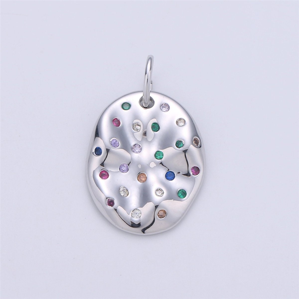24K Gold Filled Rustic Oval Dainty Charm with Micro Pave Multi Color Rainbow Cubic Zirconia CZ Stone for Necklace or Bracelet C-903