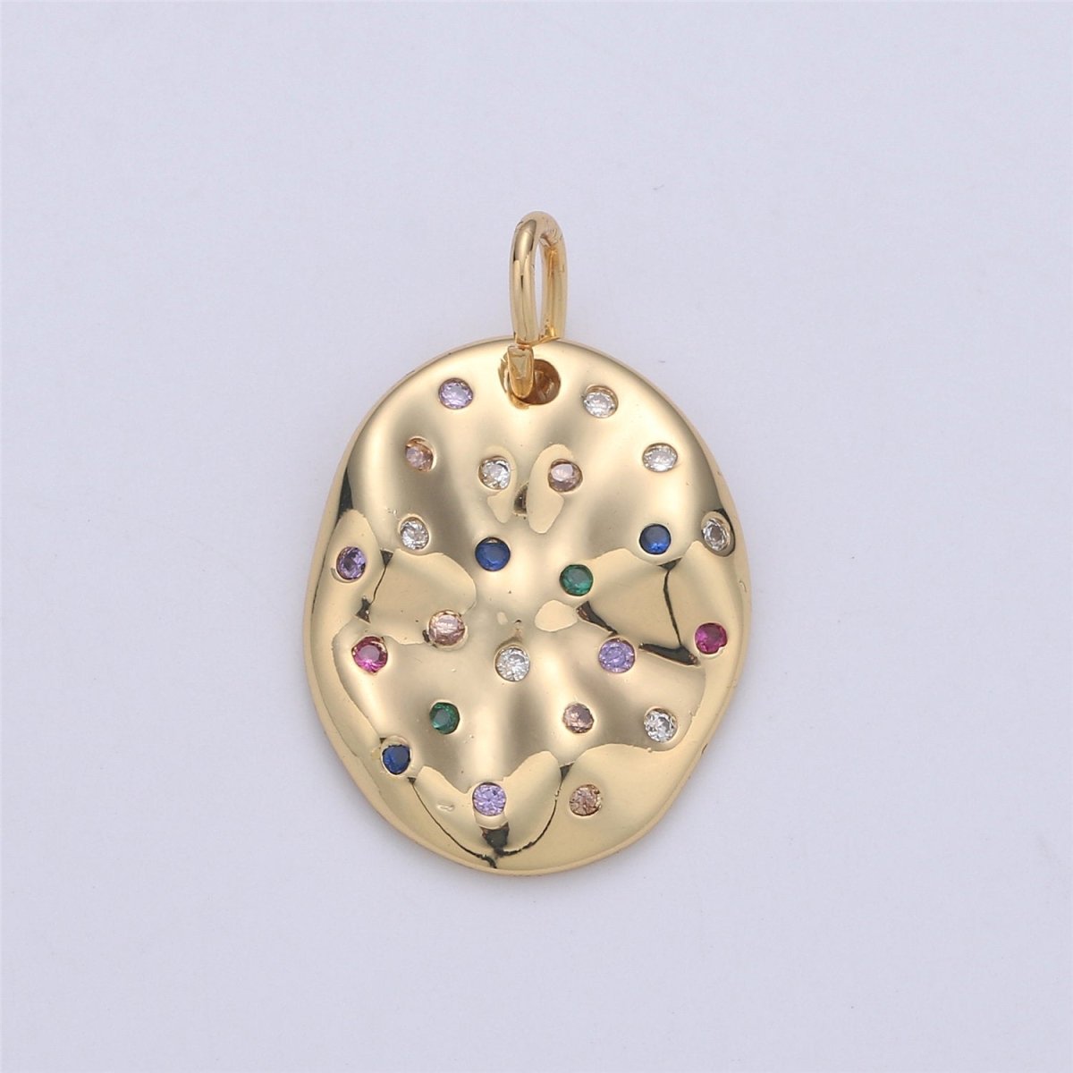 24K Gold Filled Rustic Oval Dainty Charm with Micro Pave Multi Color Rainbow Cubic Zirconia CZ Stone for Necklace or Bracelet C-903