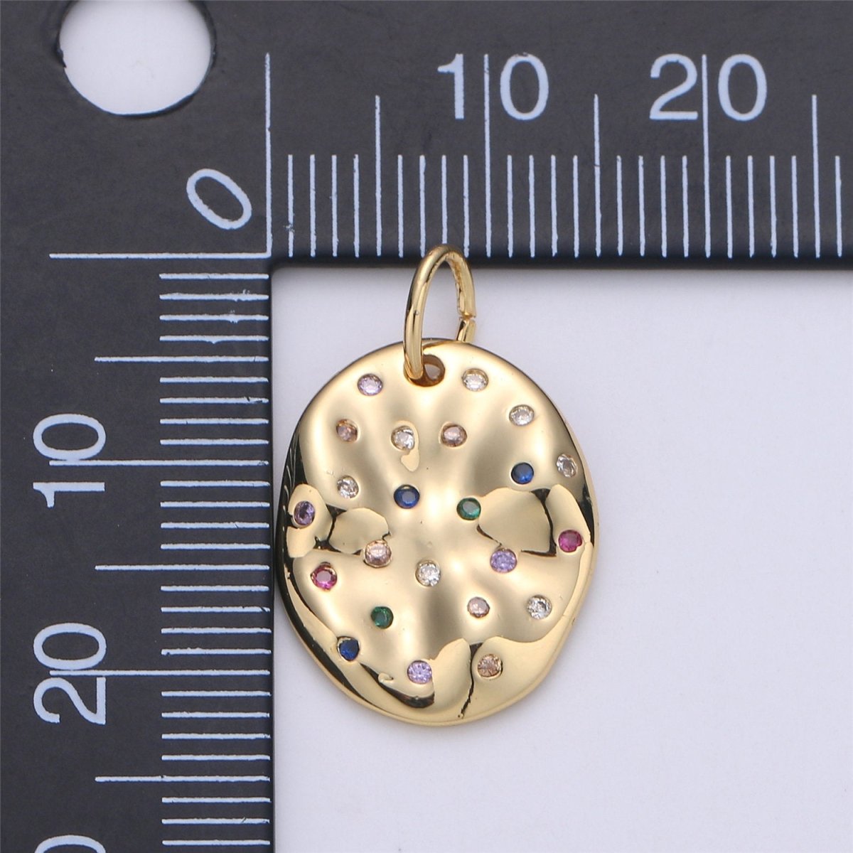 24K Gold Filled Rustic Oval Dainty Charm with Micro Pave Multi Color Rainbow Cubic Zirconia CZ Stone for Necklace or Bracelet C-903