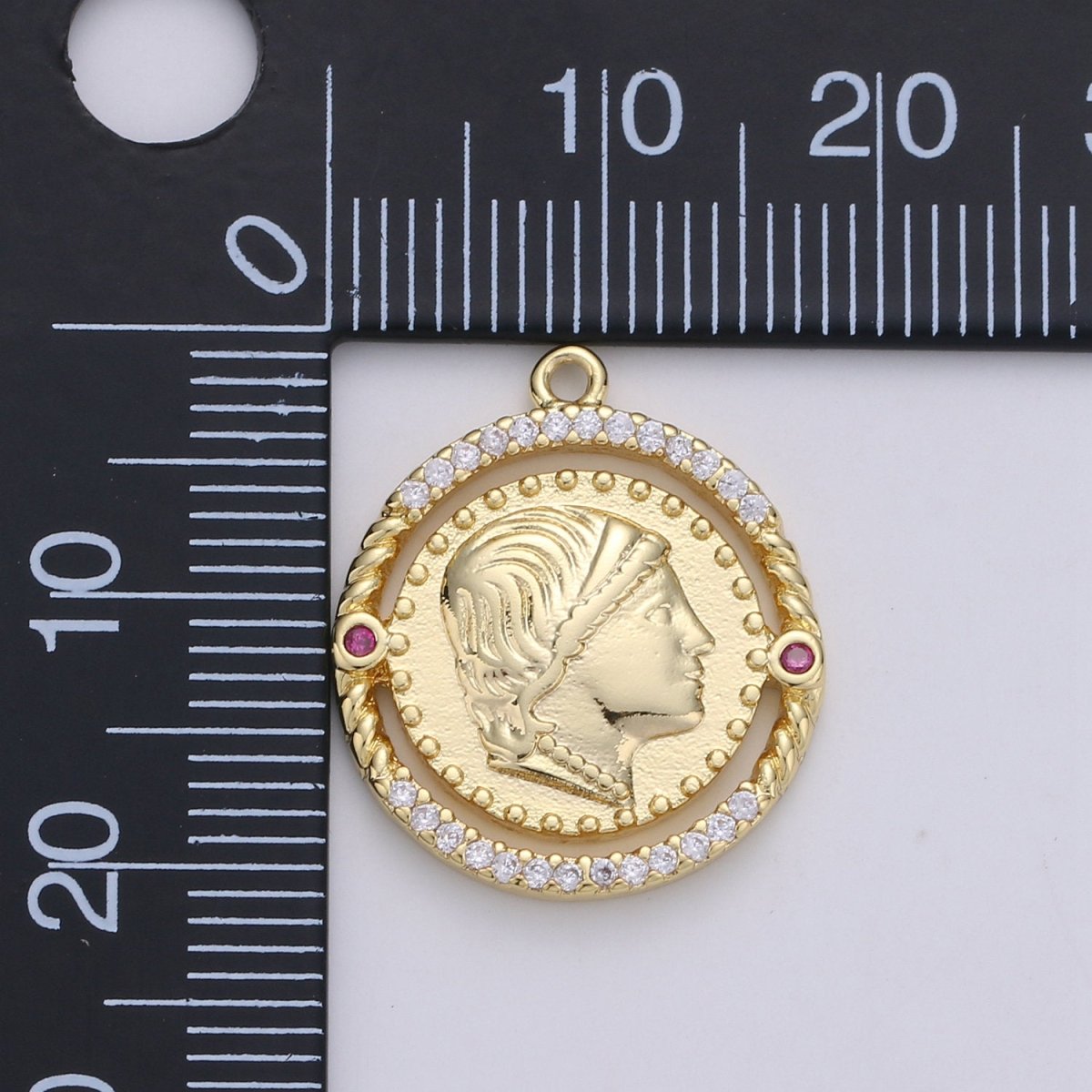 24K Gold Filled Rustic Queen King Ruler Dainty Charm with Black or Pink Micro Pave Cubic Zirconia CZ Stone for Necklace or Bracelet, C-910 ,C-931