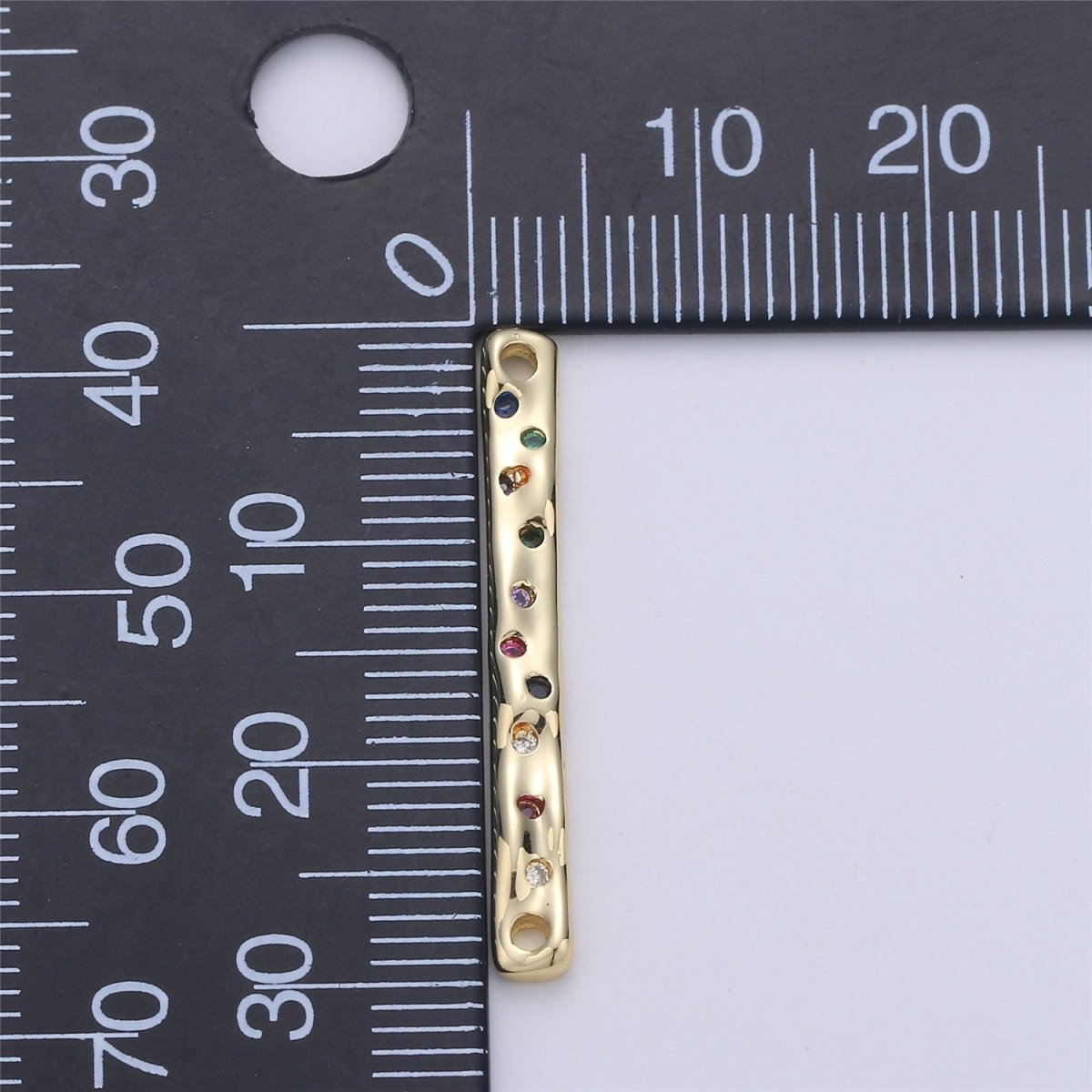 24K Gold Filled Rustic Textured Bar Dainty Connector with Micro Pave Multi Color Rainbow Cubic Zirconia CZ Stone for Necklace or Bracelet F-360
