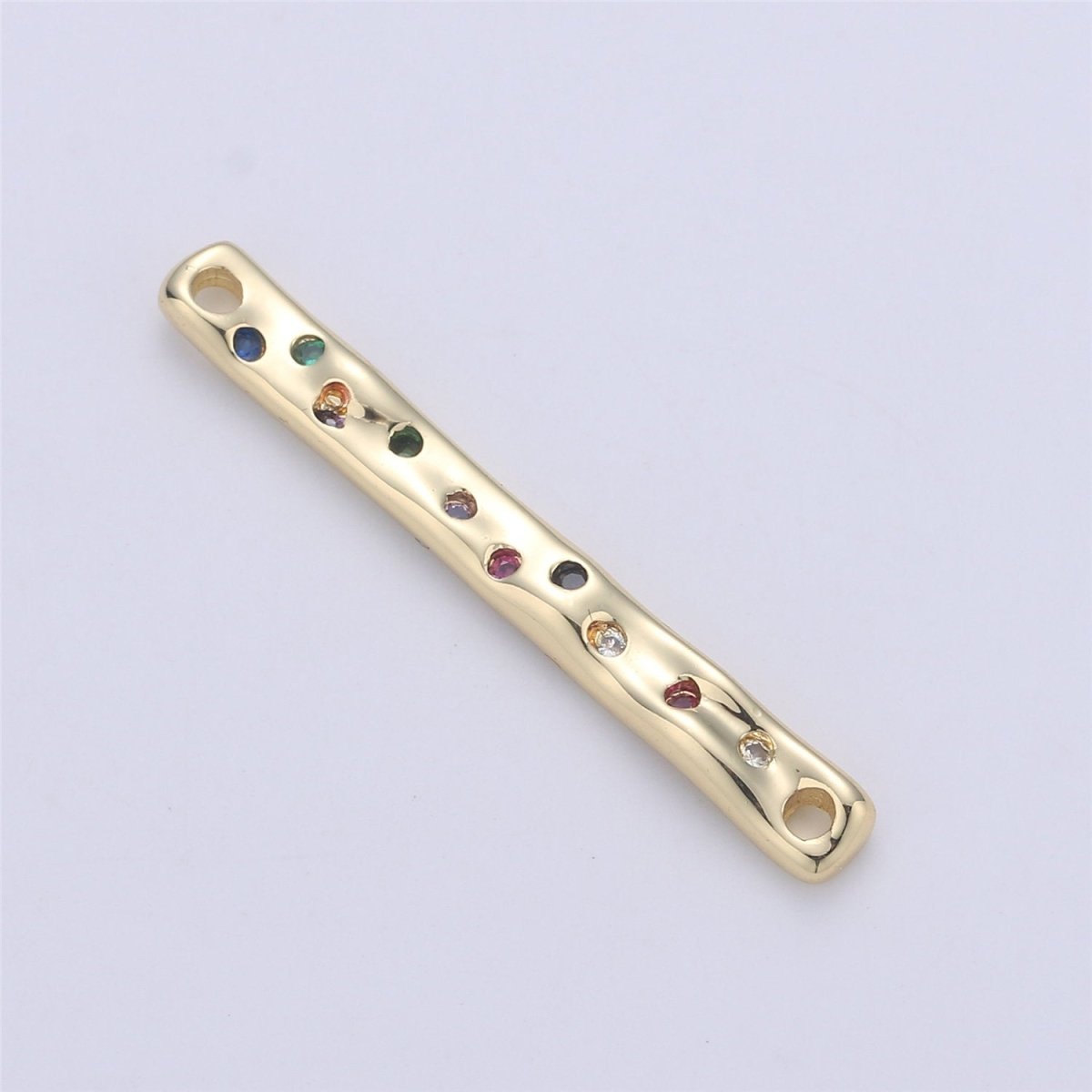 24K Gold Filled Rustic Textured Bar Dainty Connector with Micro Pave Multi Color Rainbow Cubic Zirconia CZ Stone for Necklace or Bracelet F-360