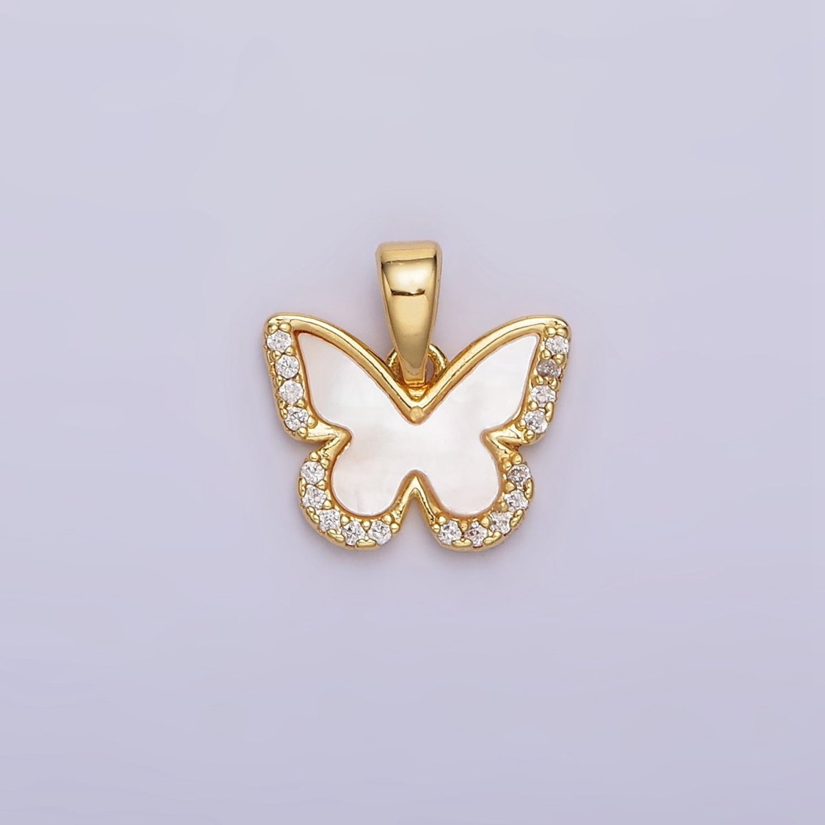 24K Gold Filled Shell Pearl Micro Paved CZ Butterfly Wings Pendant | AA-582
