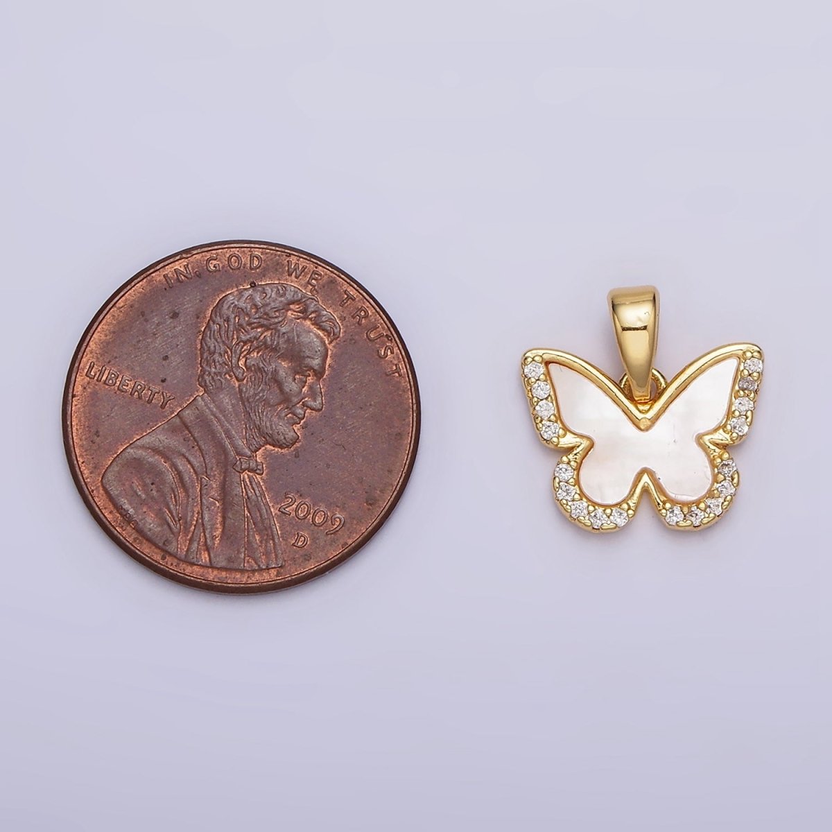 24K Gold Filled Shell Pearl Micro Paved CZ Butterfly Wings Pendant | AA-582