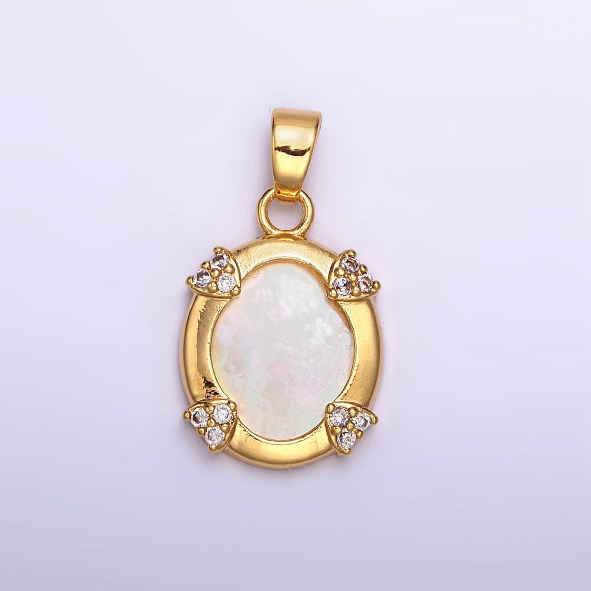 24K Gold Filled Shell Pearl Micro Paved CZ Clip Frame Oval Pendant | AA578