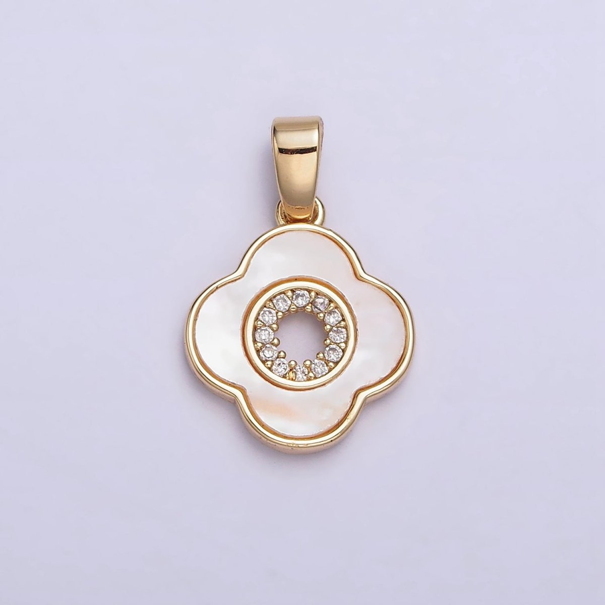 24K Gold Filled Shell Pearl Micro Paved CZ Open Quatrefoil Pendant | AA575