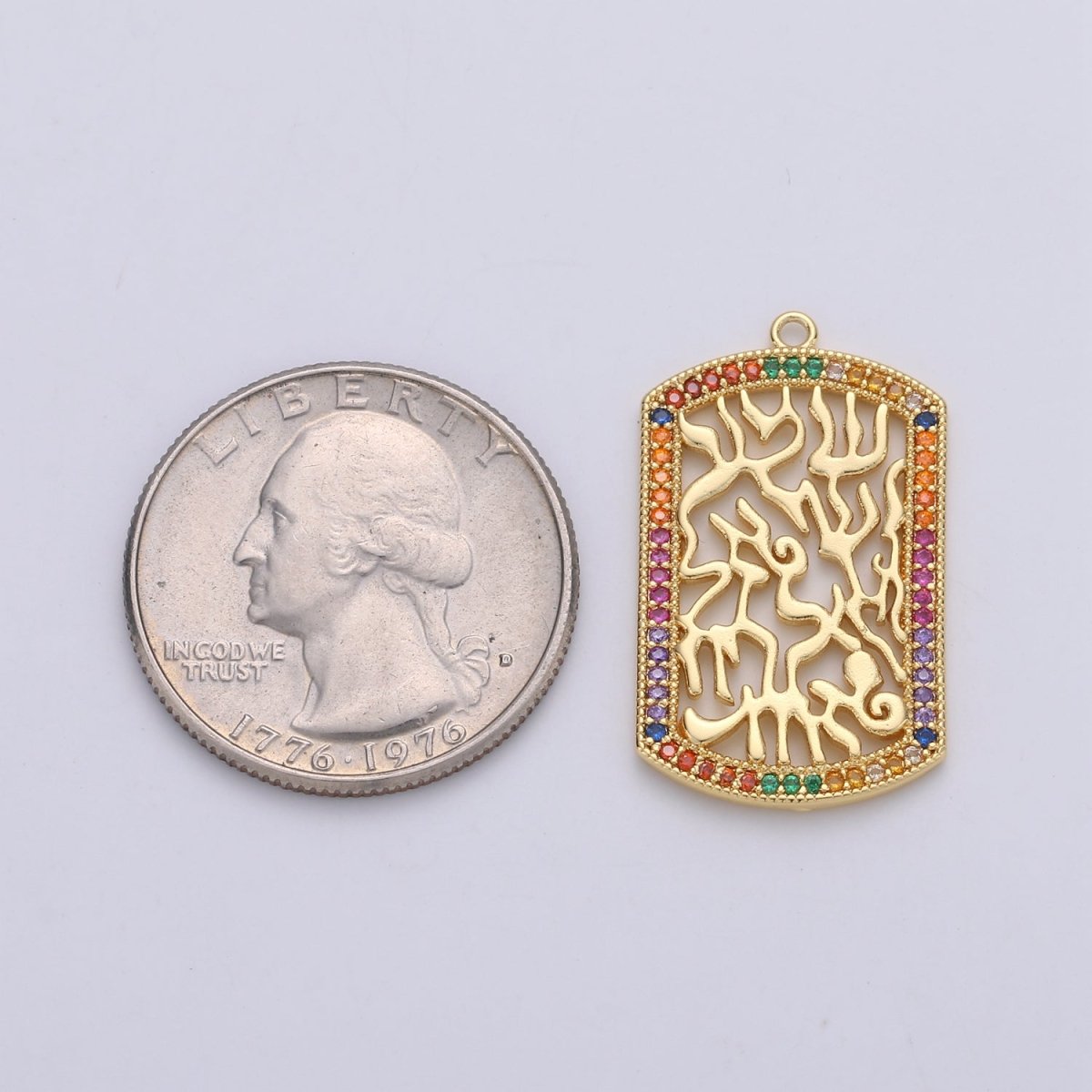 24K Gold Filled Shema Yisroel Rectangular Bar Charm with Micro Pave Multi Color Rainbow Cubic Zirconia CZ Stone for Necklace or Bracelet C-862