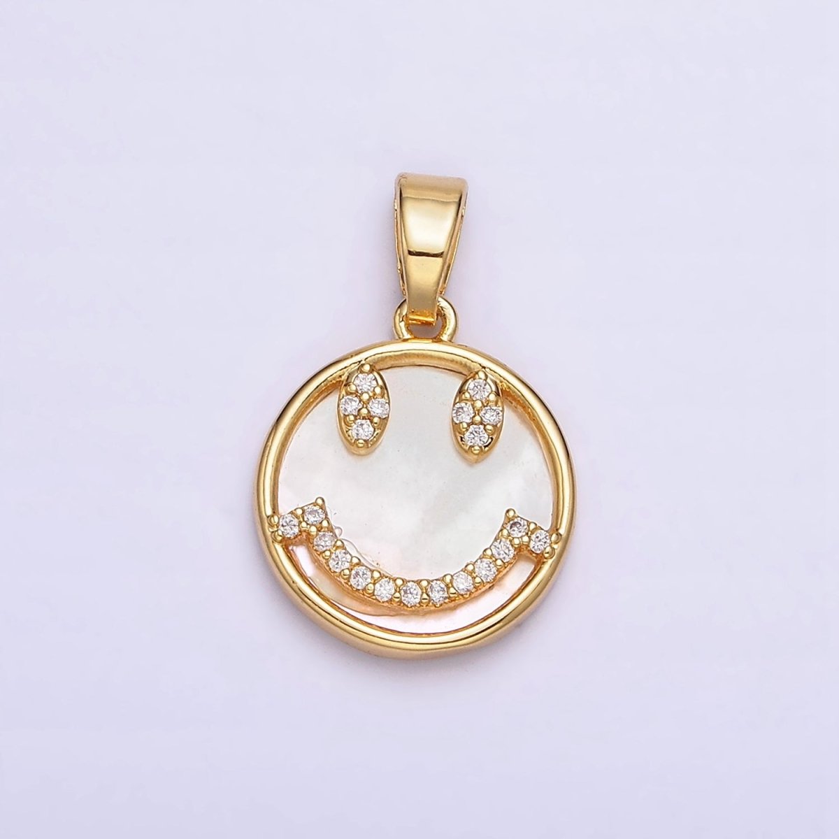 24K Gold Filled Smiley Face Micro Paved CZ Shell Pearl Round Pendant | AA584